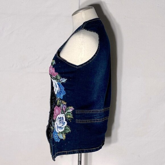 Vintage Jazzino Dark Wash Embroidered Beaded Button Up Denim Vest S - Picture 3 of 12